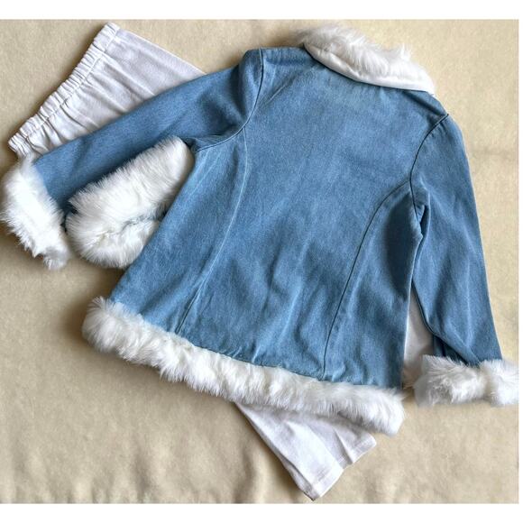 Vintage 90s Joy Kid Leggings Jacket & Hat Set Girls 8 Blue White Faux Fur Trim - Picture 2 of 5